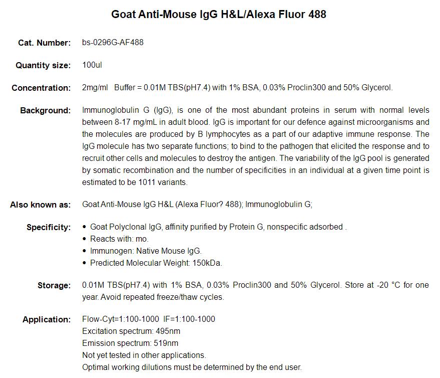 Alexa Fluor 488标记的羊抗小鼠IgG H&amp;L